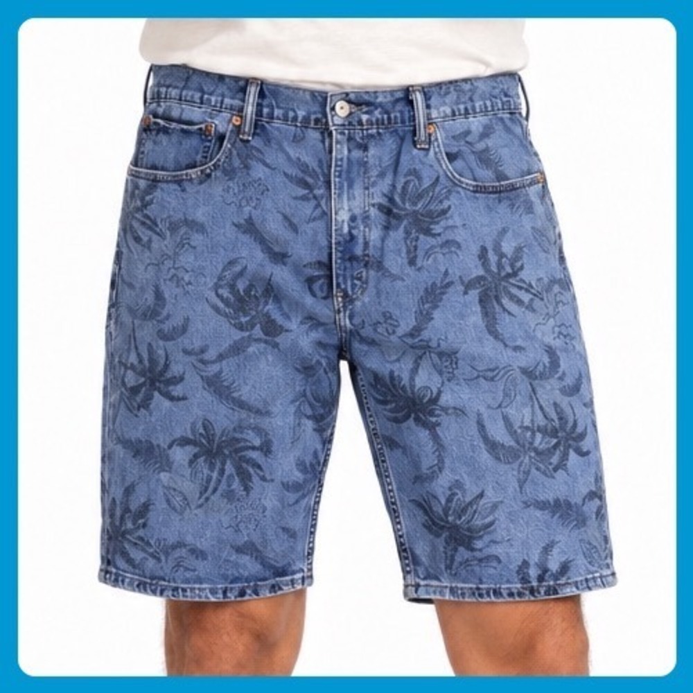 Levis 502 Denim Shorts Men 38 Blue Cotton Taper Palm Tree Floral Tropical Summer